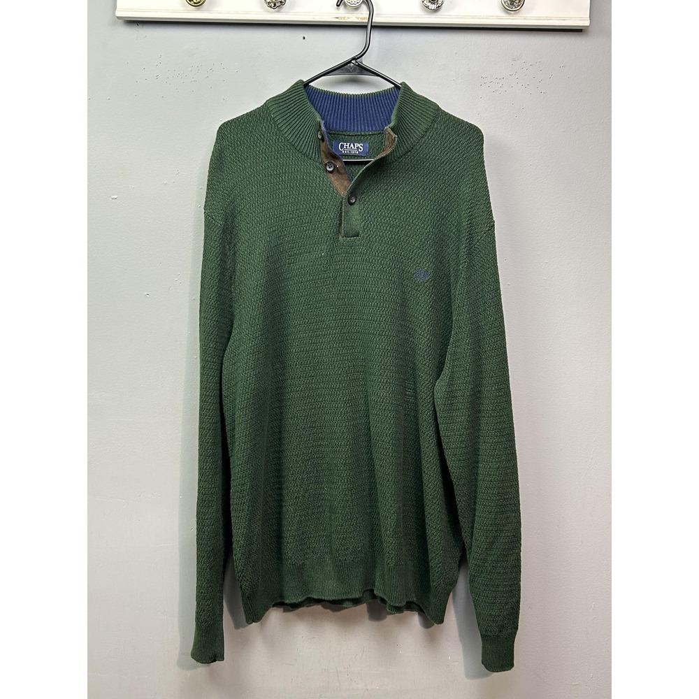 Chaps Sweater Mens 2XL Green Mock Neck Button‎ Placket Elbow Patches Cotton Knit